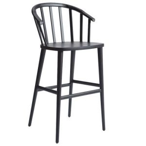 A black bar stool with a wooden seat
