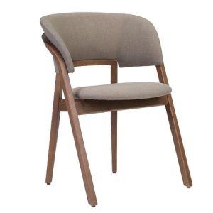 A chair with a wooden frame and a beige upholstered seat