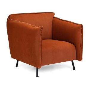 an orange chair with black legs on a white background