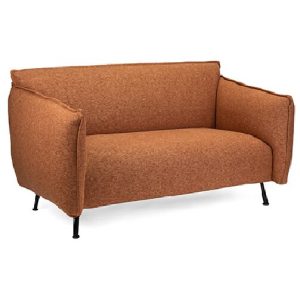 an orange love seat with black legs on a white background