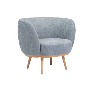 A grey chair with wooden legs on a white background