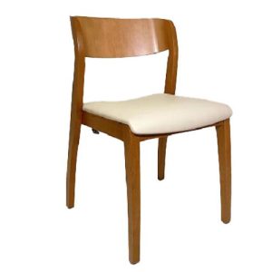 A wooden chair with a white seat cushion