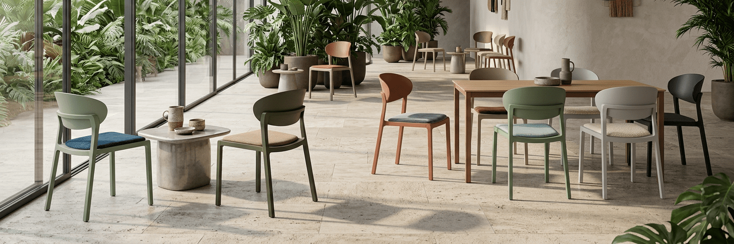 Contemporary commercial dining chairs in a luxury hospitality showroom with floor-to-ceiling windows, tropical landscaping, and modern restaurant furniture settings.