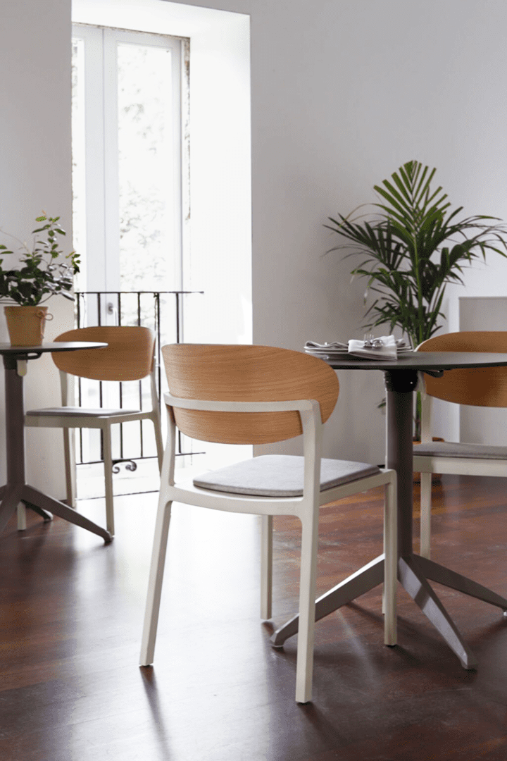 Bake Wood Pad dining chairs featuring FSC-certified wood backs and upholstered seats in a bright restaurant-inspired interior.