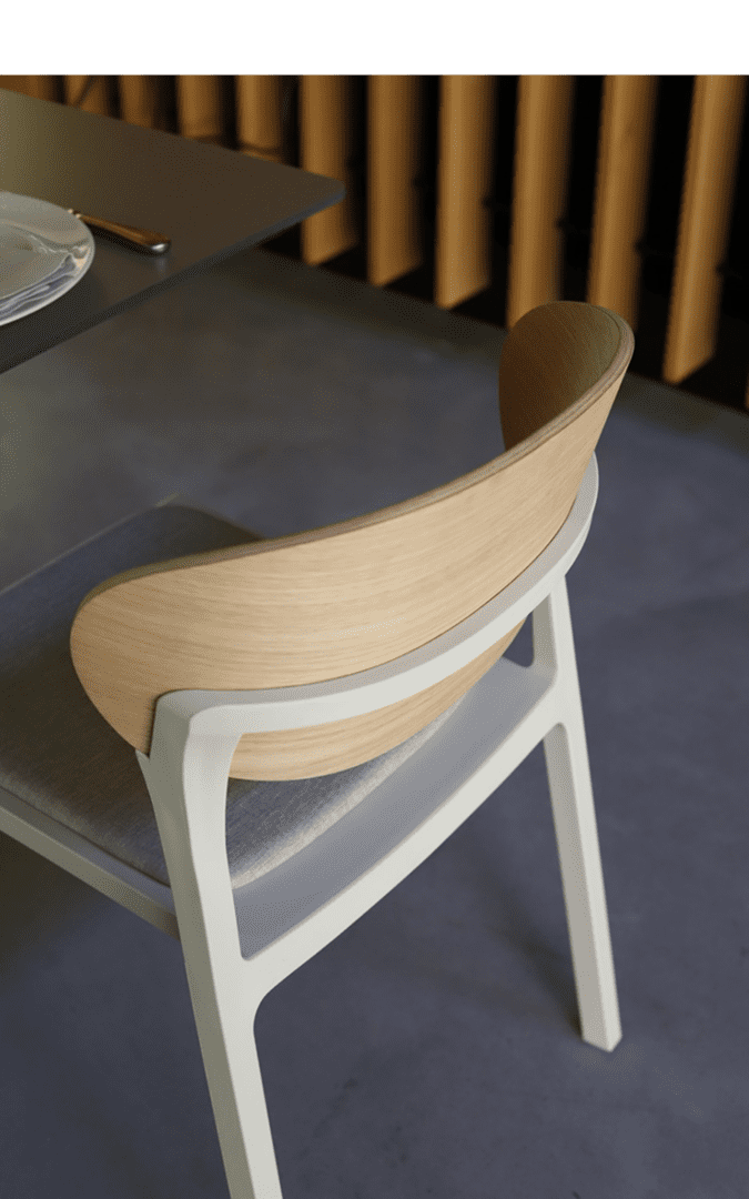 Close-up of the Bake Wood Pad dining chair featuring a curved wood veneer backrest, upholstered seat, and commercial-grade frame.