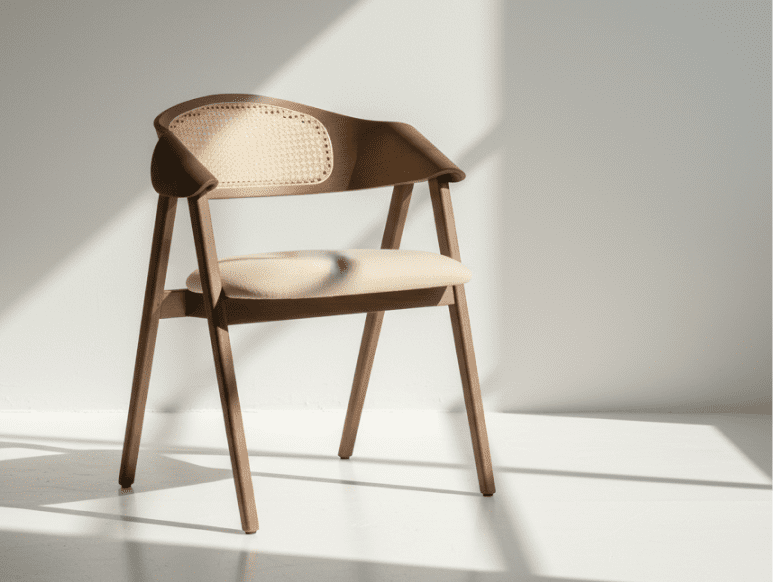Dina Arm USW wood dining chair with woven wicker back, upholstered seat, and sculptural curved frame designed for hospitality and commercial interiors.