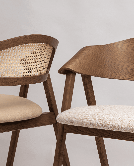 Side-by-side detail of the Dina Arm Collection showcasing the solid wood back and wicker back chair models with premium upholstery and handcrafted wood frames.