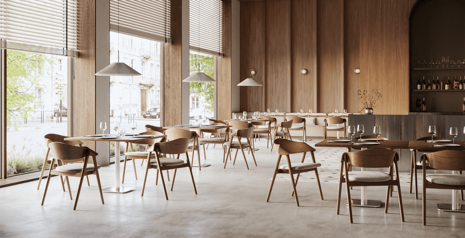 Dina Arm hospitality dining chairs furnishing an upscale restaurant space with warm wood finishes, upholstered seating, and contemporary commercial design.