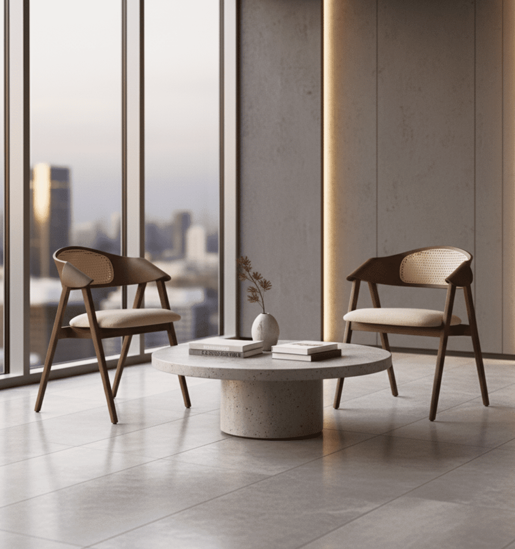 Dina Arm wicker dining chairs in a contemporary hospitality lounge featuring a sculptural wood frame, woven cane backrest, and upholstered seat.