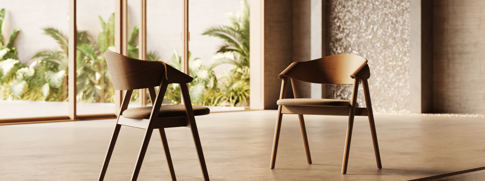 Dina Arm Collection dining chairs in a contemporary hospitality interior featuring natural light, warm wood finishes, and refined architectural details.