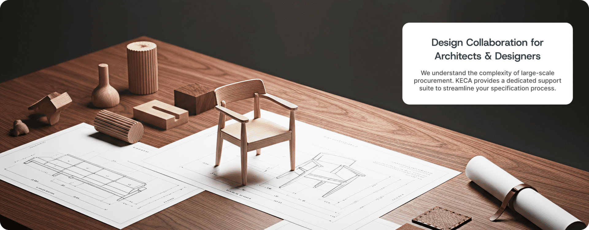 Premium furniture design process featuring a handcrafted wooden chair prototype on architectural blueprints, surrounded by wood finish samples and design materials on a walnut worktable.