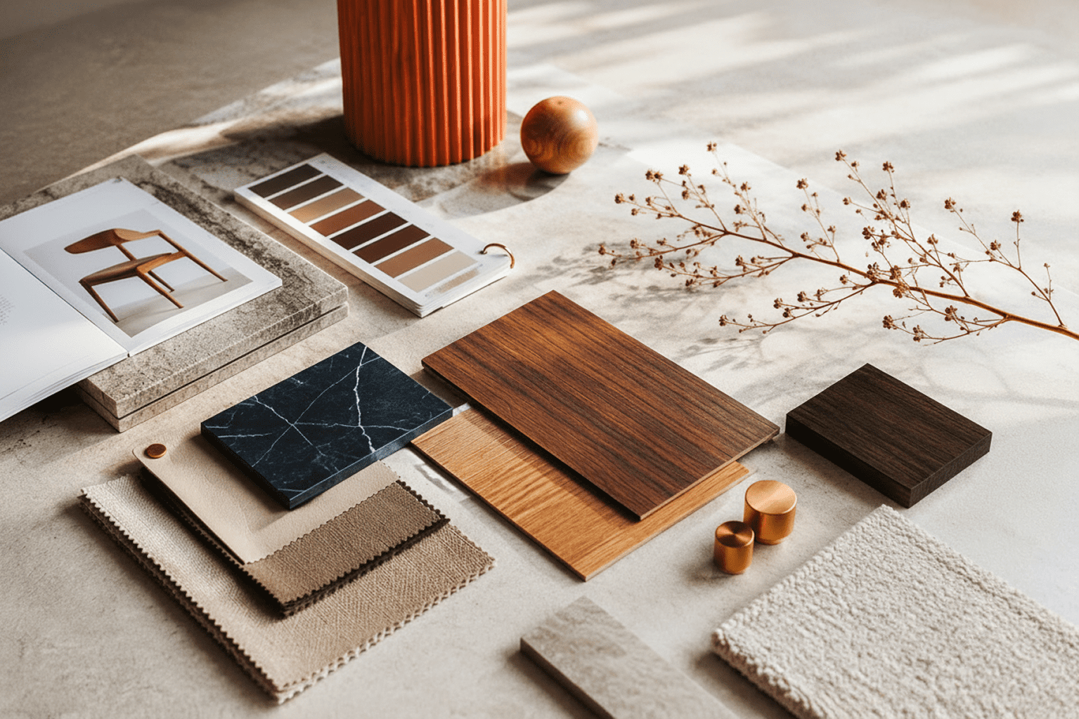 Hospitality furniture finish samples featuring wood veneers, fabrics, stone surfaces, and material palettes for custom commercial interiors.