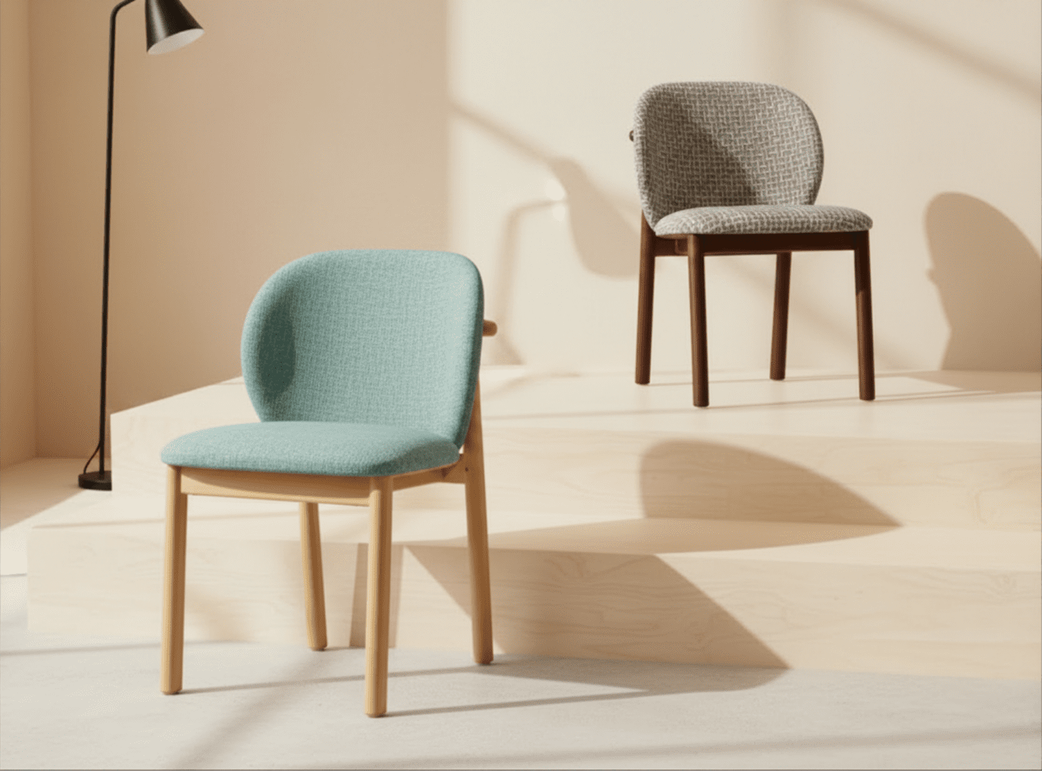 Contemporary upholstered hospitality chairs with solid wood frames showcased in a modern interior setting.