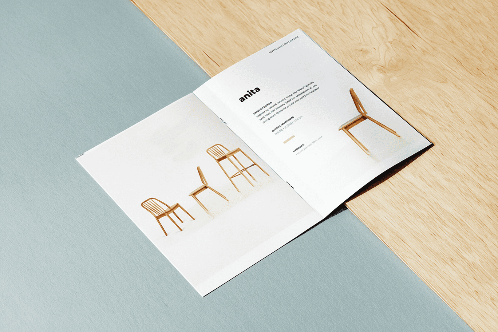 Open hospitality furniture catalog displaying chair specifications, product details, and collection information for commercial interiors