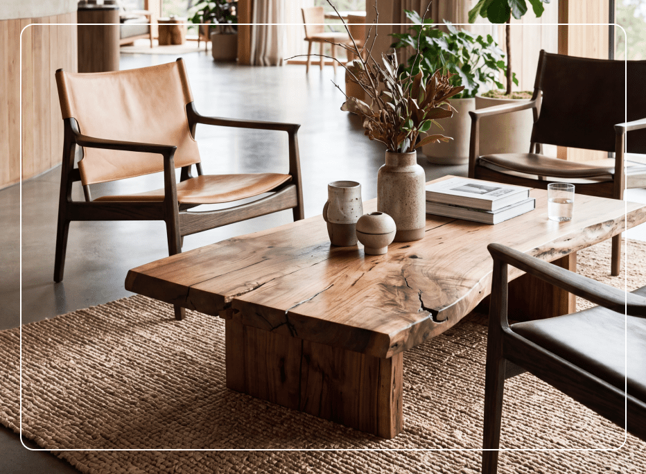 Espace lounge contemporain avec mobilier en bois artisanal, matériaux naturels et textures organiques, illustrant le retour des intérieurs inspirés par la nature.