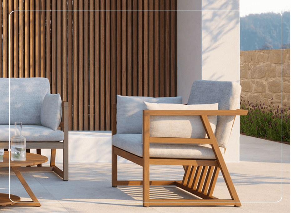 Modern outdoor hospitality lounge featuring premium outdoor seating with warm wood frames, plush cushions, and contemporary design, creating a comfortable and elevated guest experience.