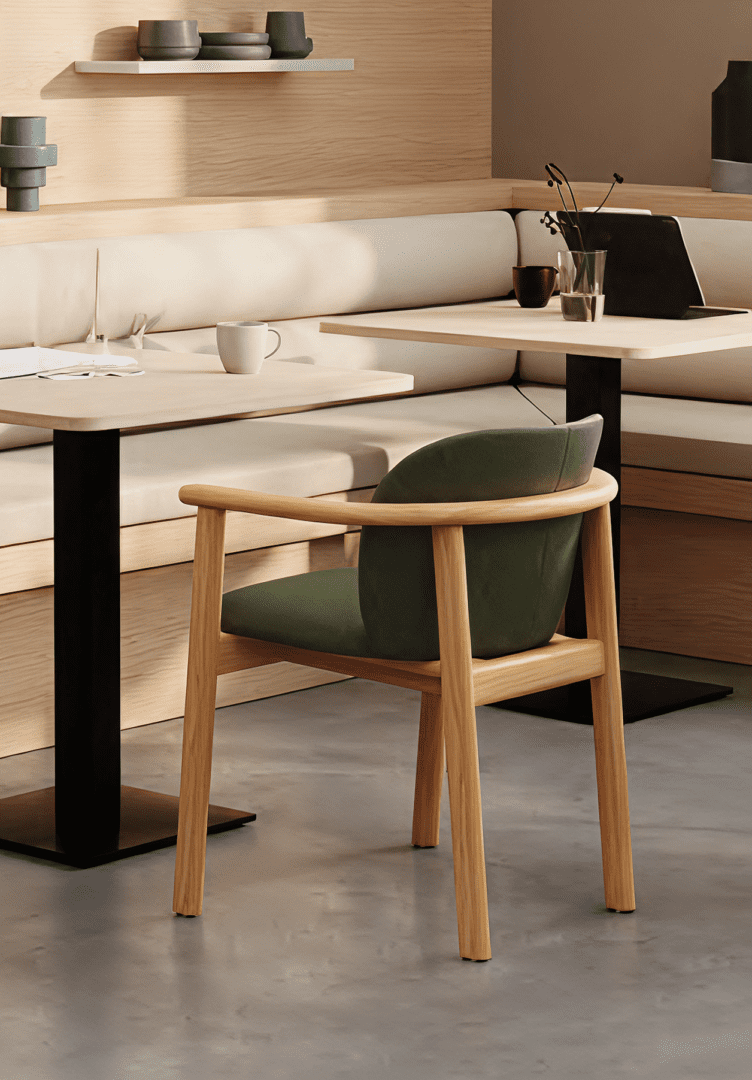 Senior care wood armchair with upholstered seat and backrest in a welcoming dining environment, designed to provide comfort, support, and durability for healthcare and senior living spaces.