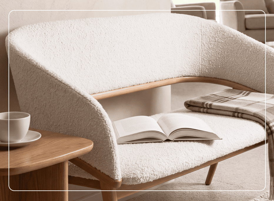 Comfortable senior living lounge featuring a curved upholstered sofa, natural wood accents, and residential-style furnishings designed to support well-being, relaxation, and community living.