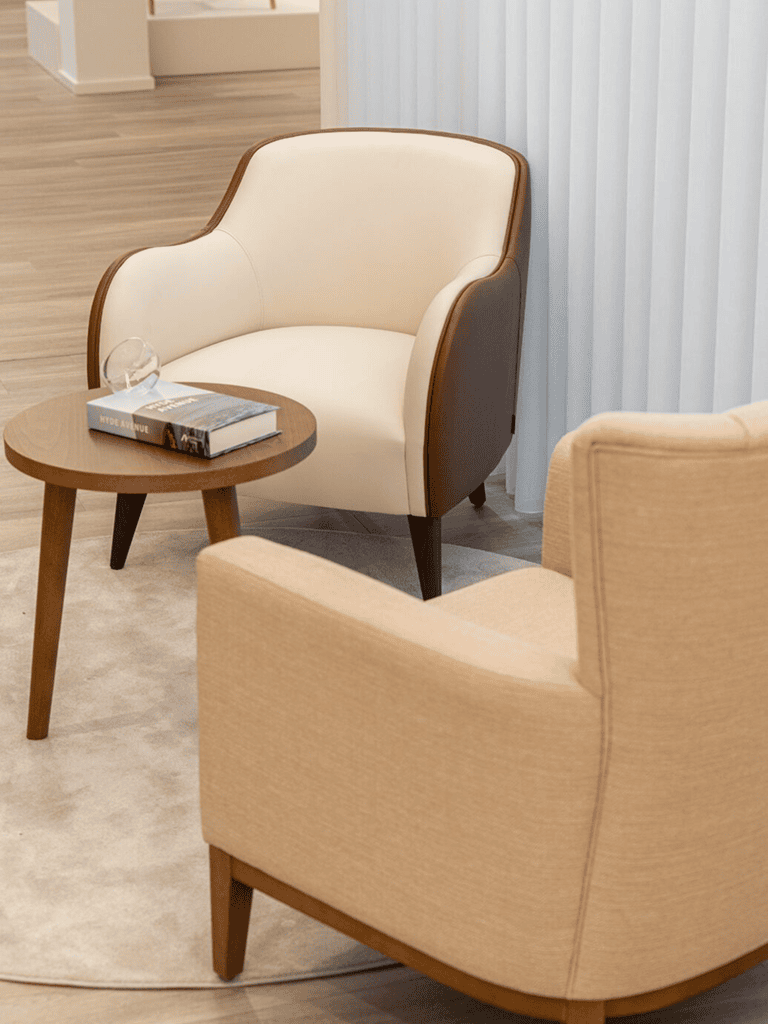 KECA Gina lounge chair with a supportive upholstered seat and solid frame, custom lounge seating for senior living and care residences in Canada.