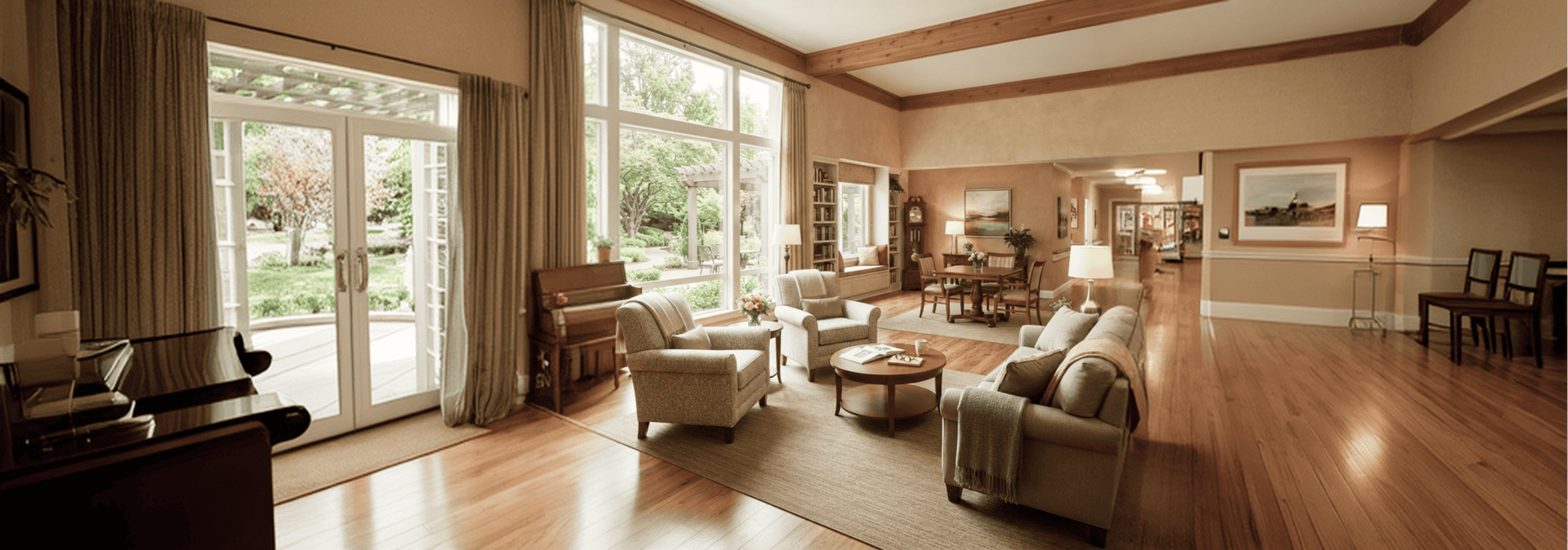 a warm, sunlit senior living space furnished with custom KECA seating, designed and made in Canada for comfort and dignity.
