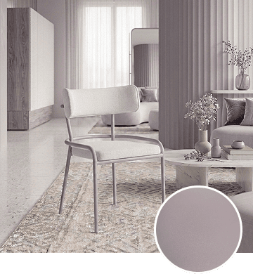 KECA metal chair in a soft, unique Lila Gray powder-coat finish in a boutique interior, showing a delicate accent option for commercial seating.