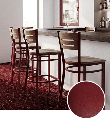 KECA metal chair in a deep, luxurious Red Wine powder-coat finish in an intimate dining setting, showing a rich accent option for commercial seating.