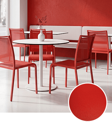 KECA metal chair in a bold Red powder-coat finish used as a statement accent, showing a vivid option for guiding visual flow in commercial seating.