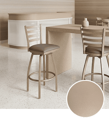 KECA metal chair in a light, textured Sand Glitter powder-coat finish catching daylight, showing a subtle, tactile option for commercial seating.