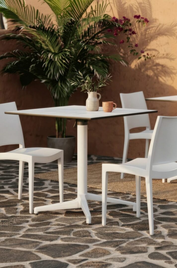 Commercial hospitality tables and chairs arranged on an outdoor restaurant terrace, built for indoor and patio dining by KECA.