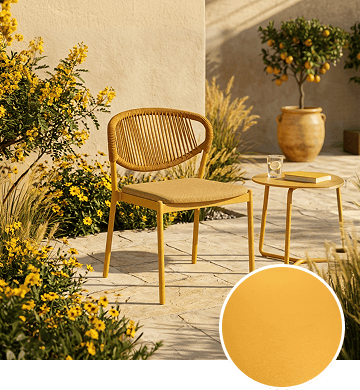 KECA metal chair in an energetic Yellow powder-coat finish in a bright hospitality space, showing a welcoming accent option for commercial seating.