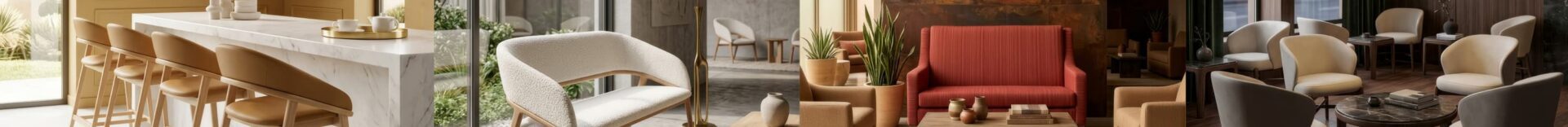 Collage of four hospitality interiors with KECA furniture in warm tones: Tagbar barstools at a marble island, a cream bouclé Tagbench, a rust-red 18029 loveseat in a hotel lobby and 9300 armchairs in a walnut lounge.