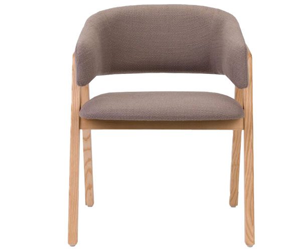 A chair with a wooden frame and a grey upholstered seat