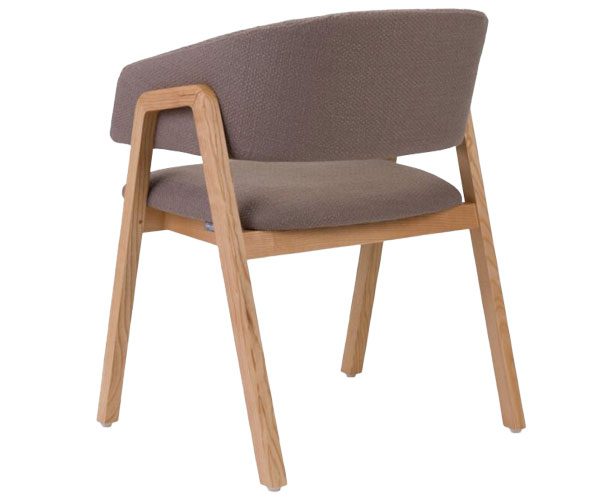 A chair with a wooden frame and a grey upholstered seat