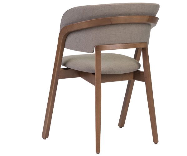 A chair with a wooden frame and a beige upholstered seat
