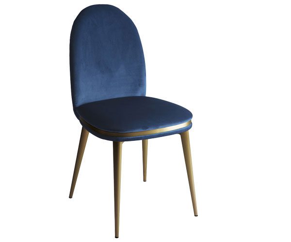 A blue chair with black legs on a white background