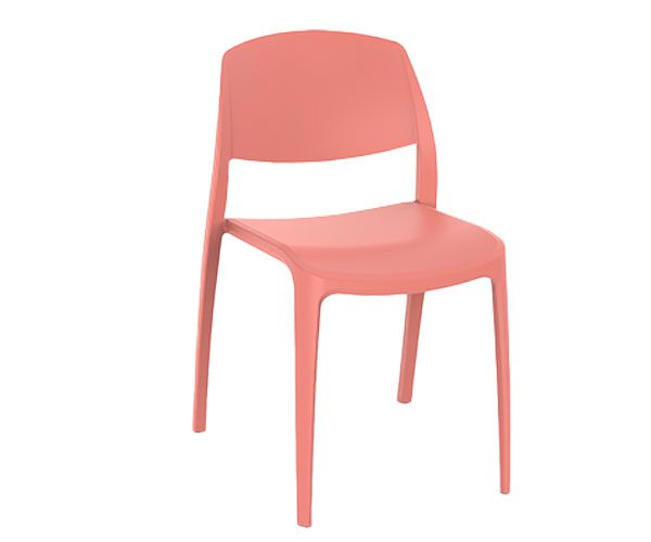 A terra cota plastic chair on a white background