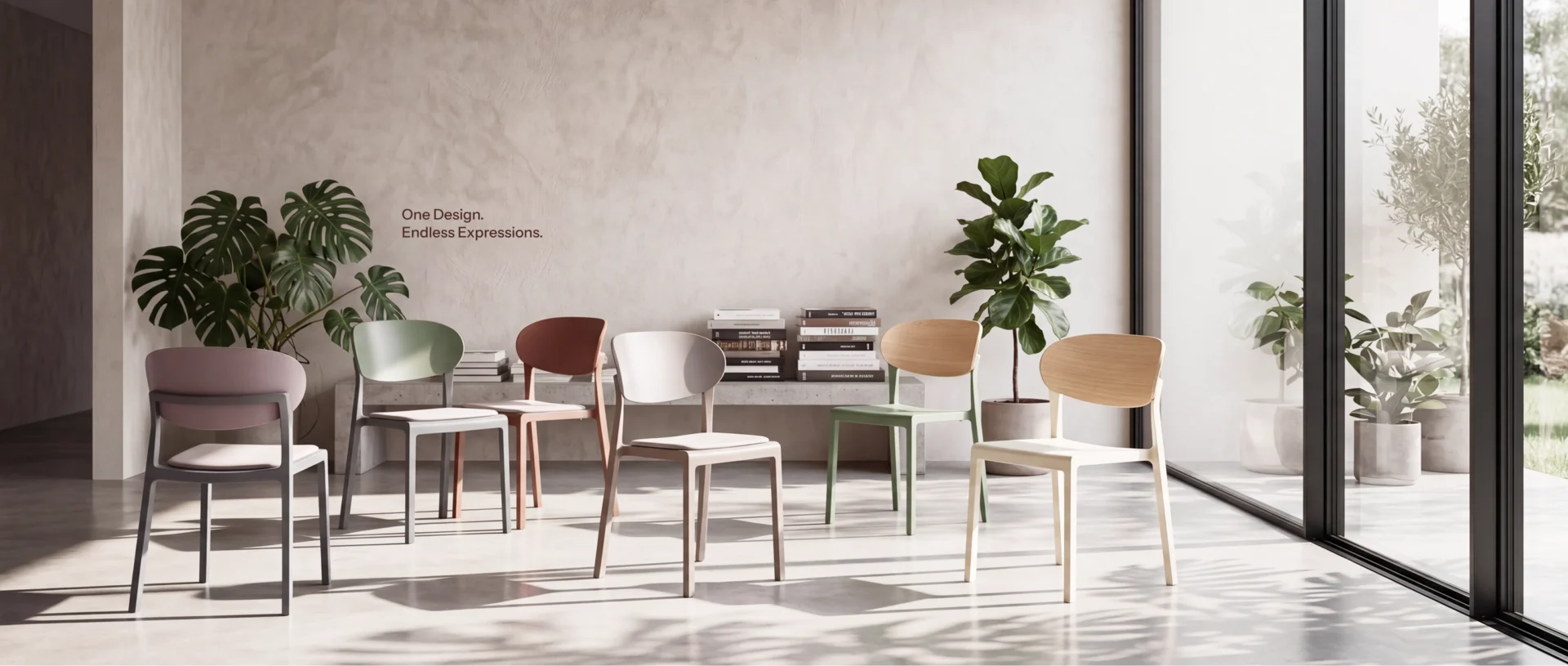 Bake Collection seating chairs displayed in a contemporary hospitality-inspired interior, showcasing multiple finishes, colors, and configurations within a bright architectural setting.