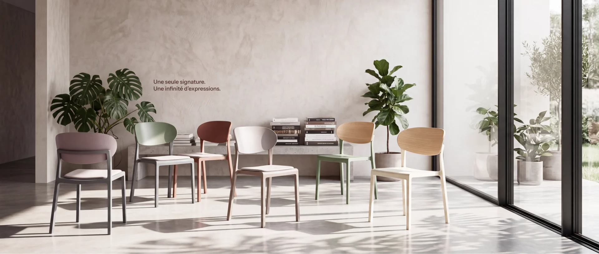 Collection Bake présentée dans un intérieur contemporain baigné de lumière naturelle, mettant en valeur différentes finitions, couleurs et configurations de chaises dans un environnement inspiré de l’hôtellerie et du design commercial.