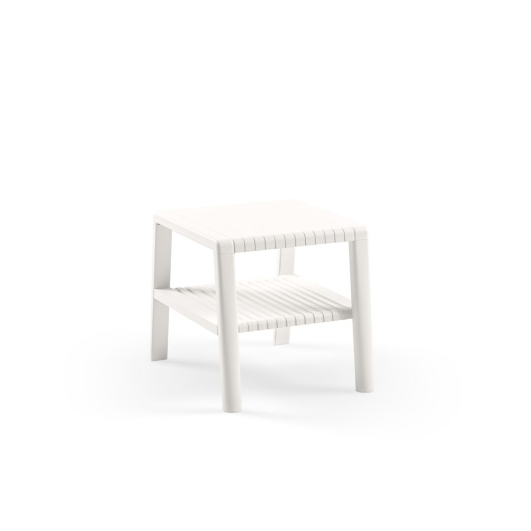 Joker ivory white commercial outdoor side table with slatted top surface and lower storage shelf on four-leg frame on white background — lightweight hospitality lounge table for pool decks and terraces.