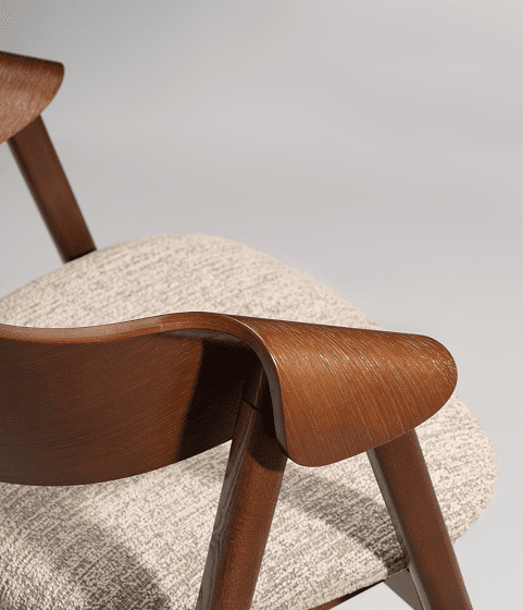 KECA Dina Arm chair in solid wood with curved arms and an upholstered seat, custom armchair for senior living lounges and dining in Canada.