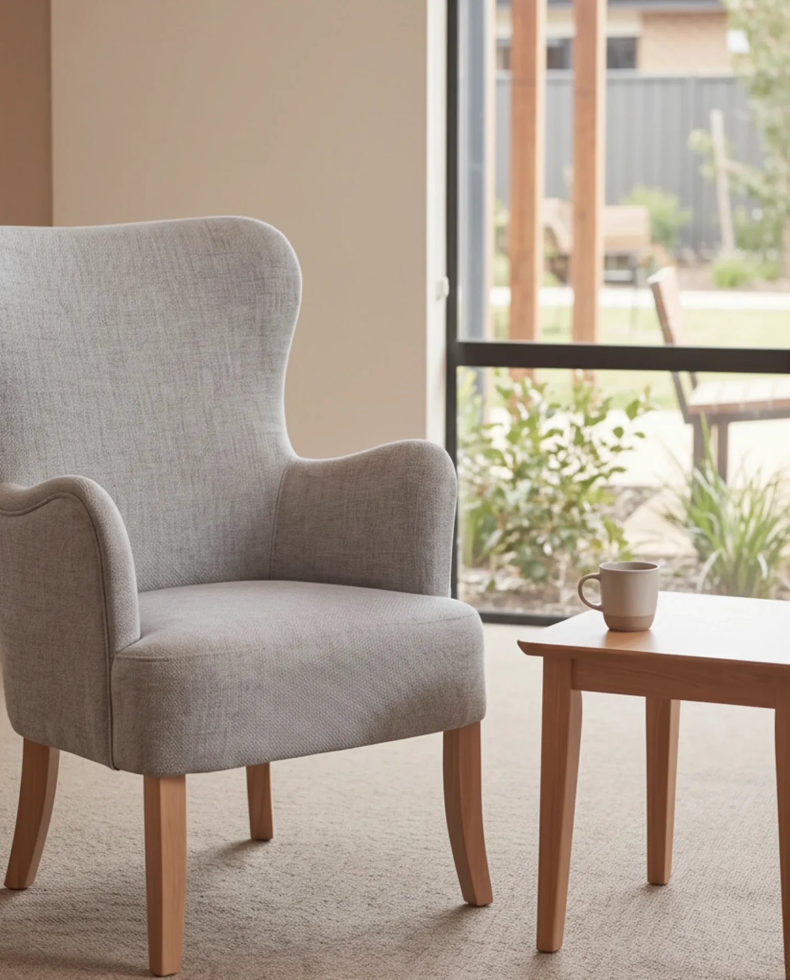 Fauteuil de détente pour aînés avec accoudoirs soutenants et coussin ferme facilitant le lever, dans un salon de résidence, par KECA.