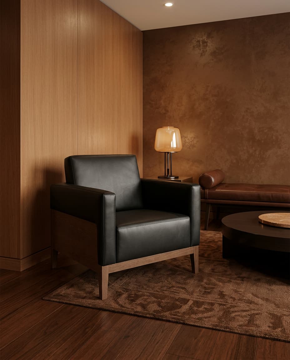 1850 lounge armchair in black leather with a light wood base and side panel, in a warm lounge with oak walls, an amber table lamp and a cognac leather daybed.