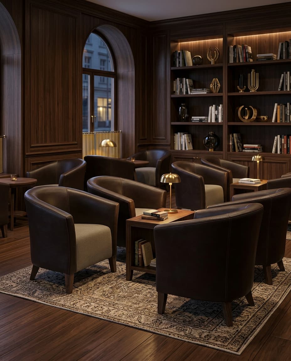 8686 tub chairs in dark brown leather with taupe seat cushions and walnut legs, grouped around low wood tables in a panelled library lounge with brass lamps.