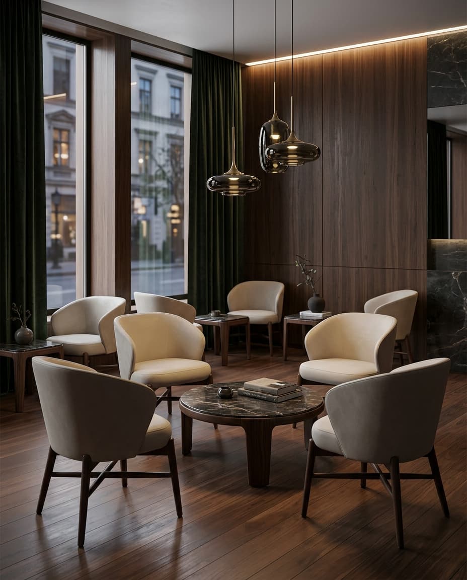 9300 armchairs in cream upholstery with walnut legs and cross stretchers, arranged around a round marble coffee table in a walnut-panelled hotel lounge.