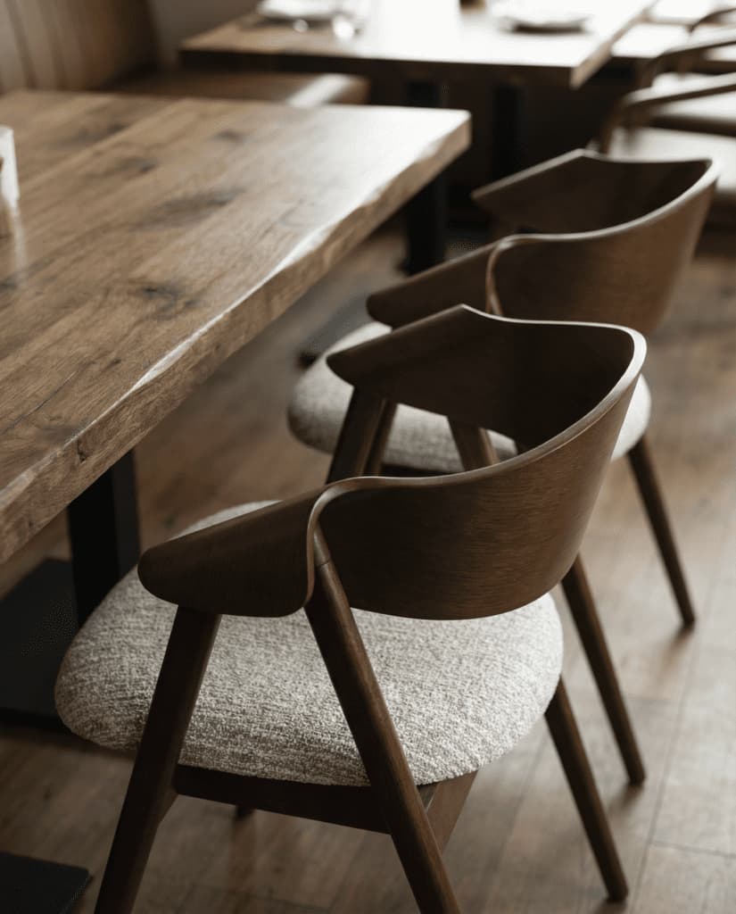 Dina Arm dining chairs with curved walnut backs and textured cream bouclé seats, beside a solid oak live-edge table in a warm restaurant.