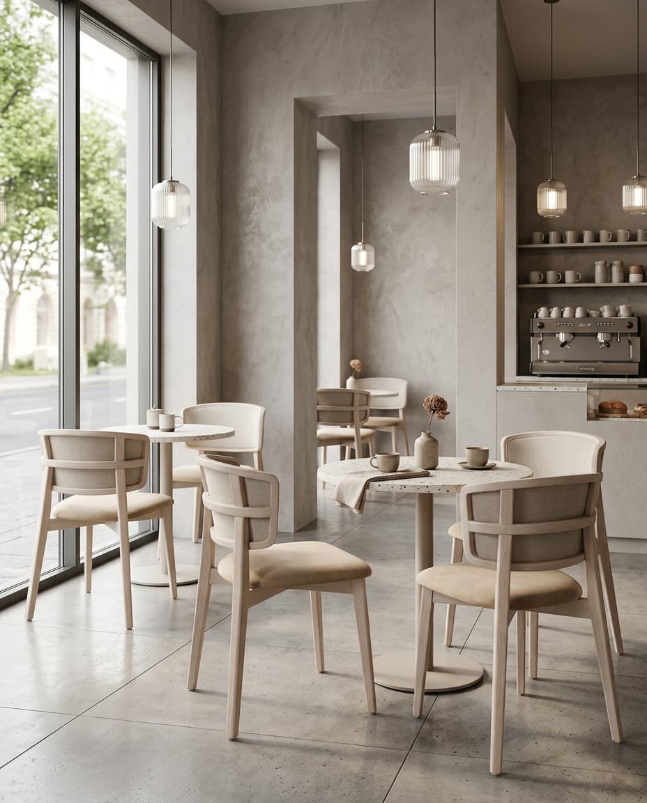 Tennis café chairs in light wood with cream upholstered seats and woven-look backs, around round terrazzo tables in a bright café with tall windows and glass pendant lights.