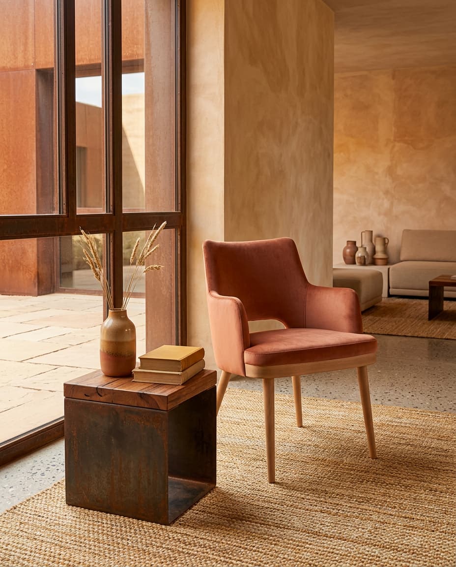 Tulip Hole dining armchair in rust velvet with a cut-out back and light wood legs, next to a wood side table by a tall window in a warm, sunlit interior.