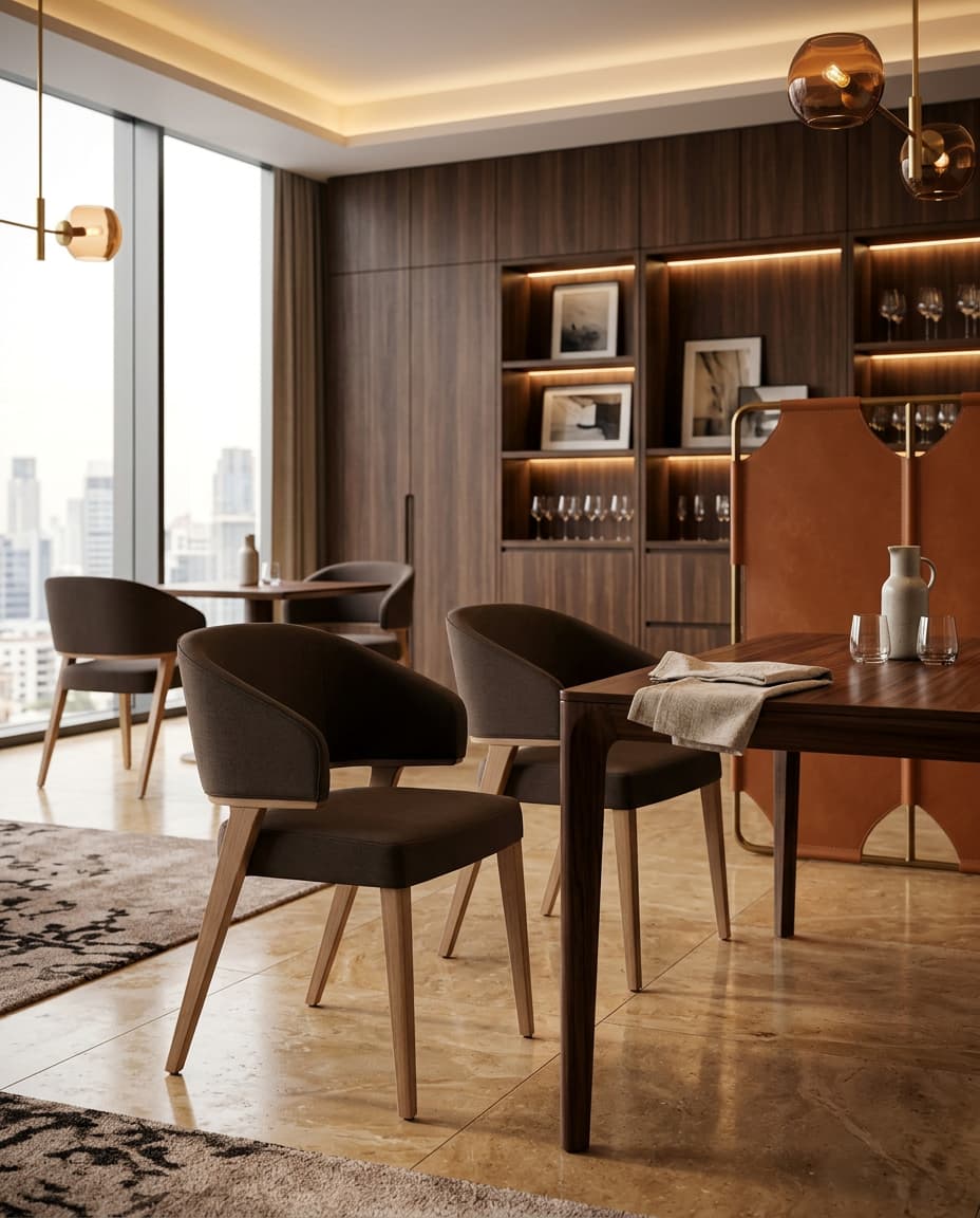Capri side dining chairs in deep brown upholstery with light wood legs, around a walnut dining table in a high-rise restaurant with city views.
