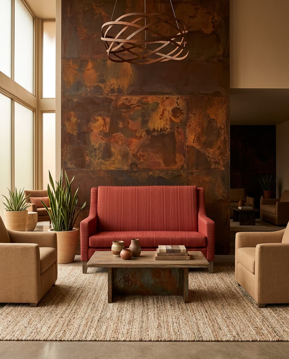 18029 loveseat in rust-red textured upholstery in a hotel lobby with a weathered metal wall, between two tan armchairs and a rustic wood coffee table.
