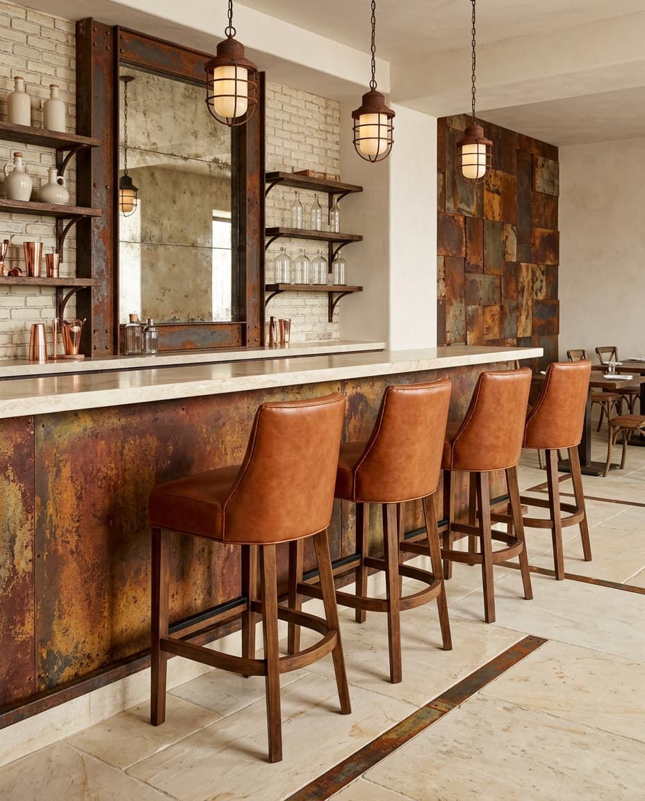 Four 7089 barstools with rust leather-look upholstery and dark wood frames at a bar with a weathered metal front, stone counter and lantern pendants.